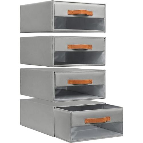 DIMJ Closet Organizers and Storage - Fabric Bins with Drawers for Closet Foldable Clothes Organizers with Clear Window, Stackable Storage Drawers Units for Bedroom, Living Room, 4-Pack, Grey
