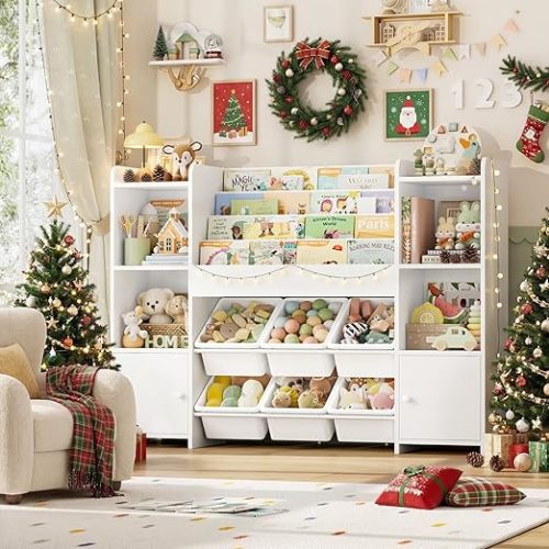 FINETONES Toy Storage Organizer with 6 Toy Bins, Toy Organizer Kids Bookshelf with 6 Cubbies, Toy Organizers and Storage Bins Playroom Storage for Kids Room, White