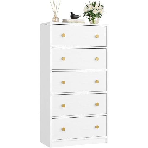 Nicehill White Dresser for Bedroom with 5 Drawers Wooden Dresser Storage Tower, Chest of Drawers for Closet, Living Room, Hallway, Entryway, Fabric Drawer (White)