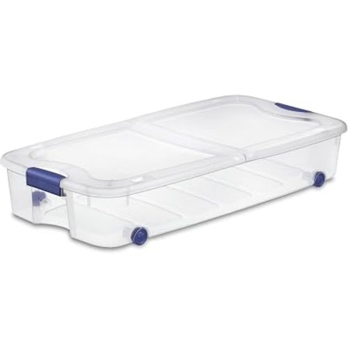 Large storage box, 66 quart transparent under-bed storage box equipped with locking lid and wheels, blue.