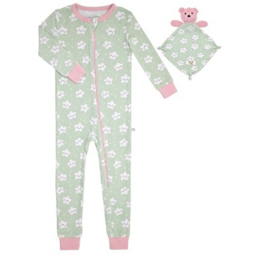 Sleep On It Infant Girls Long Sleeve Super Soft Snuggle Jersey Zip-Up Coverall Pajama with Matching Blankey Buddy, Color: Smiley, Size: 12m