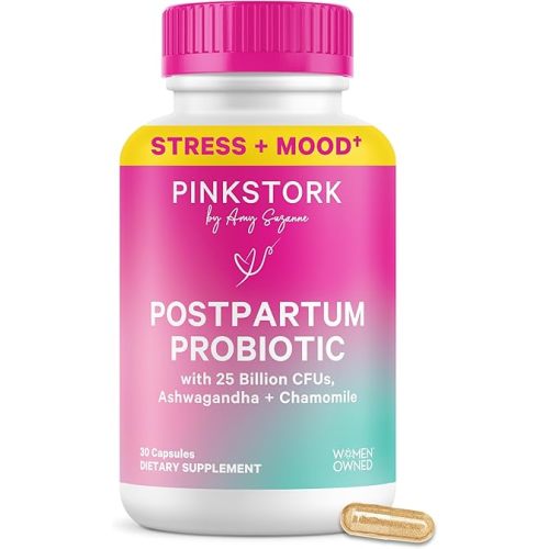 Pink Stork Probiotics for Postnatal Women - 30 Billion CFUS with Ashwagandha and Chamomile, Postpartum Essentials for Hormone Balance, Mood Support, Gut Health, Digestive Wellness, 30 Capsules