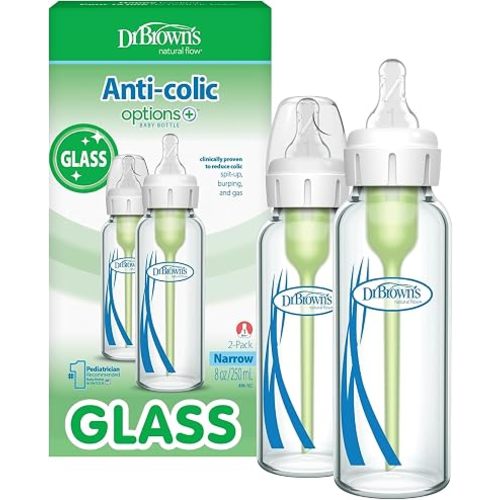 Dr. Brown's Anti-Colic Options+ Narrow Glass Baby Bottle, 8 oz, 2-Pack