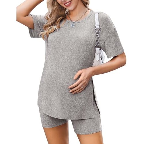 Ekouaer Women's Maternity Pajamas Sets 2 Piece Outfits Short Sleeve Shirts and Biker Shorts Pregnancy Loungewear Mama Clothes