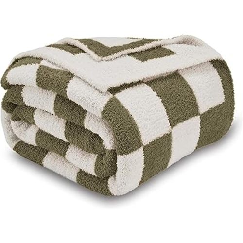CozeCube Super Soft Fullfy Microfiber Reversible Knitted Blankets, Warm Cozy Fuzzy Plush Throw, Olive Green and White Checkered Throw Blanket for Couch Bed Sofa, 50" x 60"