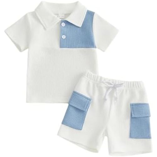 Bagilaanoe Toddler Baby Boy Clothes 3 6 12 18 24 Month 2T 3T Summer Outfit Waffle Striped Short Sleeve T-Shirt Shorts Set