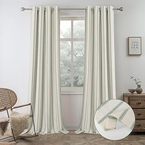 DriftAway Farmhouse Linen Blend Blackout Curtains 96 Inches Long for Bedroom Vertical Striped Printed Linen Curtains Thermal Insulated Lined Treatments for Living Room 2 Panels W52 x L96 Loden Green