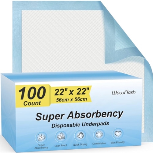 wowflash 100 Count 22” x 22” Super Absorbency Disposable Underpads