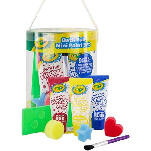 Crayola Bath Tub Mini Paint Set 9 Piece Art Kit - Brushes, Sponges, & Wash Away Finger Paints, Blue Yellow & Red Color Tub Fingerpaints