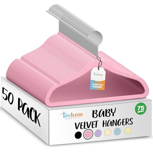 TechZoo 50 Premium Baby Velvet Hangers - 11.8 Inches Non-Slip & Ultra-Slim Baby Hangers for Space-Saving & Children Clothes - 360 Swivel Hook, Strong & Durable Infant & Toddler Clothes Hanger - Pink