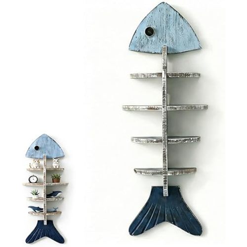Rustic Wooden Fish Floating Shelf, Unique Fishing Decor Wall Mounted Organizer, Coastal Nautical Display Shelf for Lake House, Bathroom & Living Room