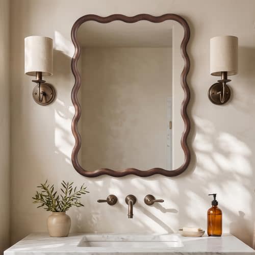 WallBeyond 22"x30" Wavy Wood Mirror, Wood Wall Mount Mirror with Decorative Wooden Frame for Bathroom, Entryway, Bedroom and Living Room, Dark Walnut