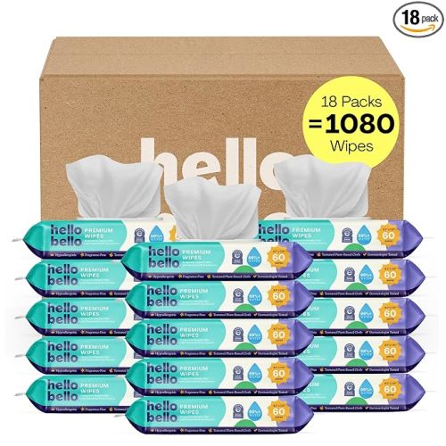Hello Bello Premium Fragrance-Free Baby Wipes, with Chamomile & Aloe Extracts for Sensitive Skin - 18 Resealable Packs = 1080 Total Wipes