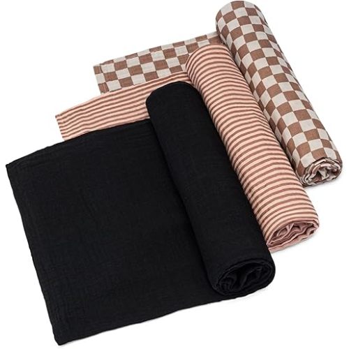 Parker Baby Co. Swaddle Blankets - Pack of 3 of 100% Cotton Muslin Swaddle Blankets for Baby Boys and Girls - Unisex/Gender Neutral - Rosewood Set