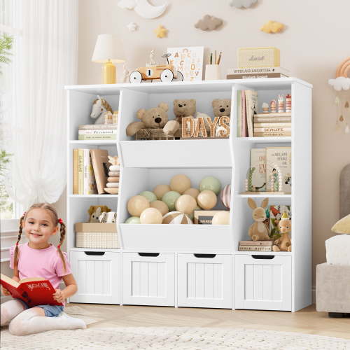Homfa Kids Bookcase,Children's Book Shelf with 4 Drawers for Storage,Toddler Bookshelf for Nursery,Kids Rooms, White