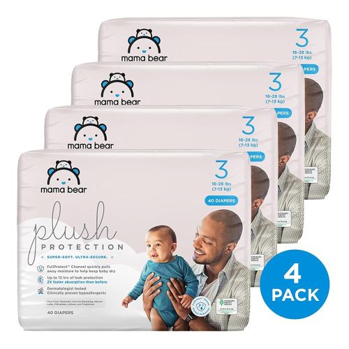 Amazon Brand - Mama Bear Plush Protection Diapers - Size 3, One Month Supply, Hypoallergenic Premium Disposable Baby Diapers, 160 Count (Pack of 4), White and Cloud Dreams