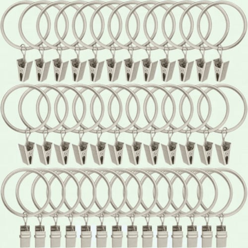 Pack of 40 Curtain Rings with Clips, Matte Silver, 1.5” Inner Diameter, for Hanging Drapes and Clothes