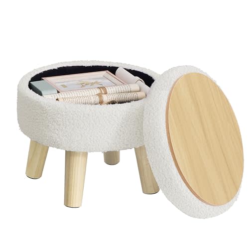 SONGMICS Storage Ottoman, Foot Stool, Round Ottoman with Padded Seat, Foot Rest with Wood Legs, Small Table, for Hallway, Living Room, 12.2 Inches, Teddy Fleece, White ULOM515WD01