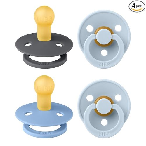 BIBS Pacifiers - Color 4 Pack | Round Nipple Baby Pacifier | BPA Free Natural Rubber Latex Soother | Made in Europe | Size 0-6 Months | Blue Colors