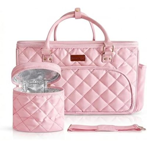 Diaper Bag Tote with Dividers, Zipper, Top Cover and Strap, Larger Size with insulated storage bag - Pink