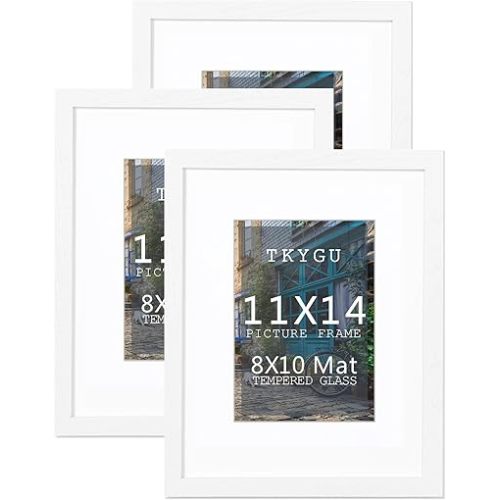 11x14 White Picture Frame with mat 8x10 set of 3, Minimalist 11x14 Poster Frame, Modern Style Wood Composite frames Tempered Glass for Wall Art Photo and Prints for Home Decor Gifts