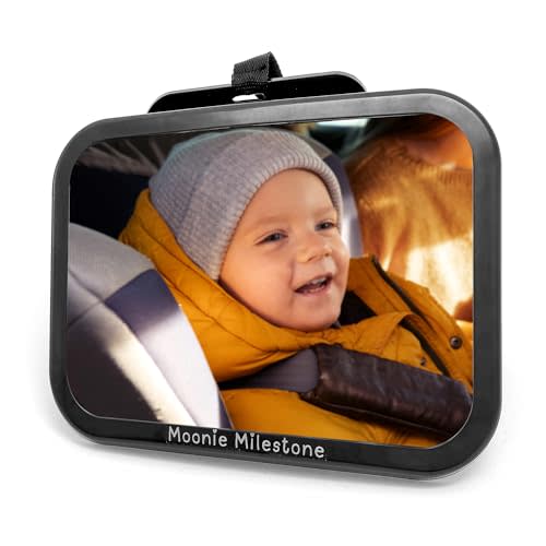 Moonie Milestone™ Baby Car Mirror | Safety Mirror for Car Seat Rear Facing Infants | Wide Crystal Clear View Car Mirror for Baby | Fully Adjustable, Shatterproof, ABS + Acrylic | Baby Mirror - Black