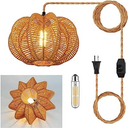 Plug in Pendant Light Rattan Hanging Lights with Plug in Cord 15FT Hemp Rope Cord, Dimmable Switch – Indoor Hanging Lamps for Boho Living Room Bedroom(Bulb Included) 11 x 7 inch