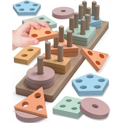 Montessori Toys for 1 2 3 Year Old Boy Girl, Toys for Ages 2-4 Toddlers Kids Baby, 1 2 Year Old Birthday Gifts, Wooden Learning Puzzles Shape Sorter Toys for Toddlers 1-3