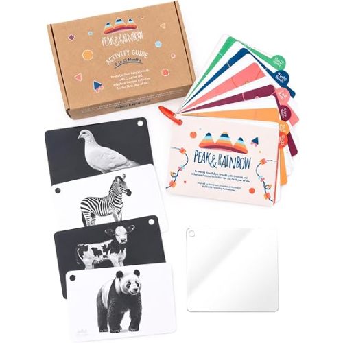 Baby Activity Cards 0-12 Months, Newborn Activity Cards with Tummy Time Mirror, High Contrast Cards, Monthly Milestones & Simple Play Ideas, Montessori-Inspired for First Time Parents