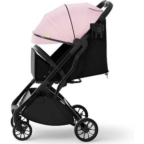 newyoo GlideTow TR18M Travel Stroller, Compact Infant Toddler Stroller with Cup Holder, One-Hand Fold, Near Flat Recline Seat, Pink