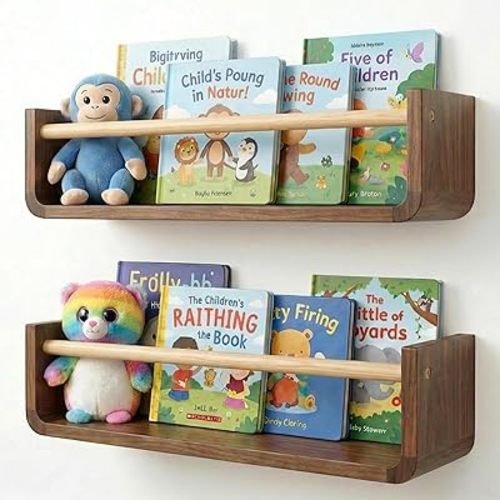 Ovalo Nursery Book Shelves Set of 2 - Solid Pine Wood Nursery Bookshelf, Floating Nursery Shelves for Wall, Wall Bookshelf for Kids Room, No-Assembly Wall Mounted Baby Book Shelf. (Walnut Brown)
