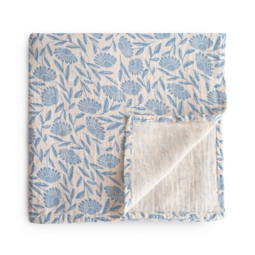 Organic Cotton Muslin Swaddle Blanket Blue Flowers One Size