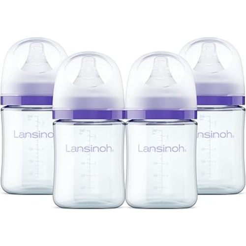 Lansinoh Anti-Colic Glass Baby Bottles, 5 Ounces, 4 Count Bottles for Feeding, Baby Essentials, Includes 4 Slow Flow Nipples, Size S