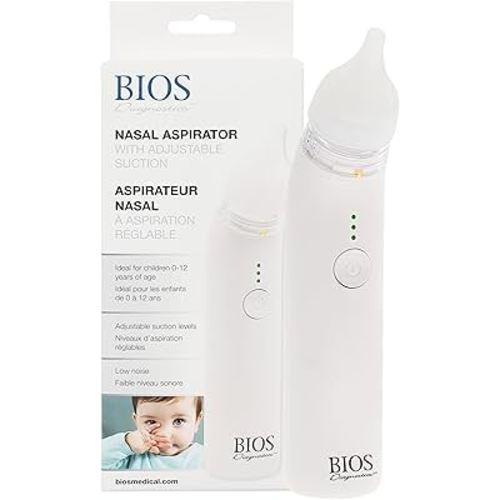 BIOS Diagnostics Nasal Aspirator with Adjustable Suction, Removes Nasal Secretions & Mucus, Gentle, For Newborn, Baby, Child, 0-12 Years, Two Silicone Tip Sizes, Easy to Use & Clean, Rechargeable