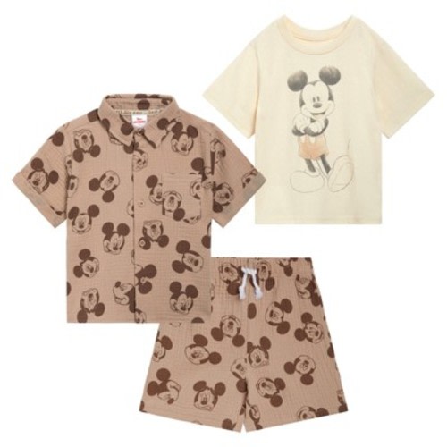 Disney Mickey Mouse Infant Baby Boys Cotton Gauze Button Down Shirt, T-Shirt and Shorts 3 Piece Outfit Set Light Brown / Off White 18 Months