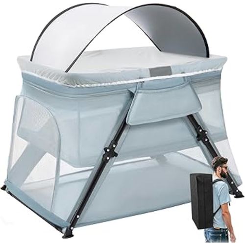 Lilian&Gema 2-in-1 Travel Crib, Portable Crib with Backpack, Lightweight Baby Travel Playpen, Foldable Play Yard with Thick Mattress for Babies & Toddlers, Baby Travel Essential