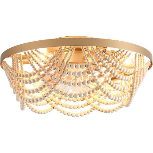 20'' Boho Ceiling Fan with Lights Flush Mount,Bohemia Gold Wood Bead Enclosed Ceiling Fan Light, 4 Lights Low Profile Ceiling Fans with Remote Control for Bedroom Living Room Dining Room Kitchen