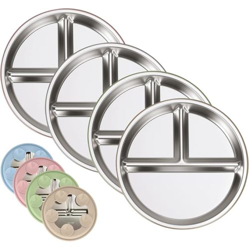 4 Stainless Steel Baby Plates Set with Removable Silicone Suction Easy Clean Baby Feeding Set Toddler Kids Cutlery(Blue Pink Green Beige)