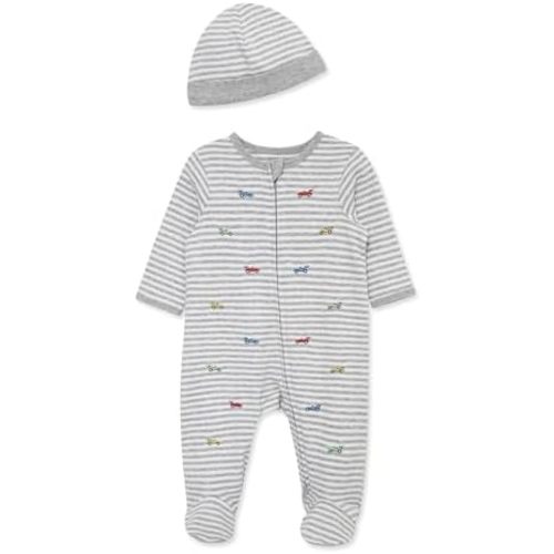 Little Me Baby Boy Clothes 2-Piece Baby Sleeper and Cap Set, 100% Cotton Footies Baby Essentials