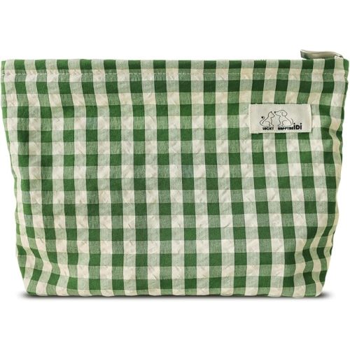 HAPPYHEIDI Large Cute Green Checker Makeup Bag with Compartment Cosmetic Travel Pouch, Nylon Fabric, Purse Organizer, Canvas Lined, Beige Plaid