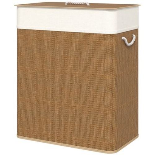 HOMCOM Double Laundry Basket with Lid, 26.4 Gallon Bamboo Laundry Hamper with Rope Handles, Clothes Hamper with Removable Liner, Brown