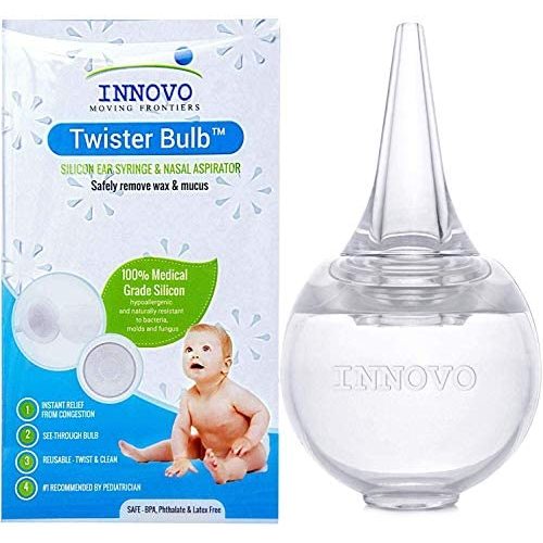 Innovo Hospital Grade Silicone Twister Bulb Baby Ear Syringe and Nasal Aspirator, Snot Sucker and Mucus Sucker, Non-Toxic Nasal Ear Bulb, Cleanable and Reusable, Clear White