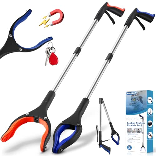 TOPGROT 2-Pack Grabber Reacher Tool, 34" Foldable Reacher Grabber Pickup Tool with 90° Anti-Slip Rotating Jaw & Magnets, 4" Wide Claw Opening Reachers for Seniors, Trash Picker Tool