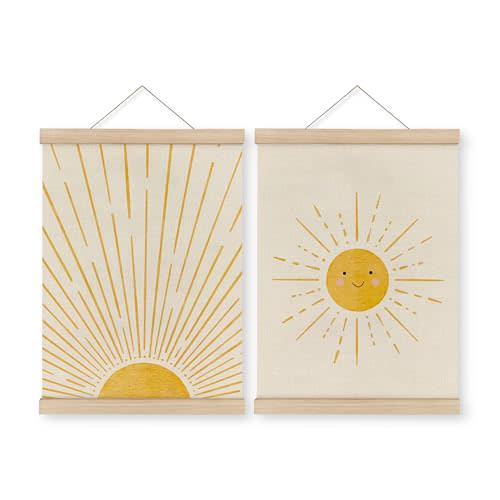 MAQIKA Boho Sunshine Poster Framed With Wood Hanger Set of 2, Sun Nursery Wall Decor, Smiling Sunshine Hanging Art, Bohemian Sunset Canvas for Kids Room 12x16 Inch