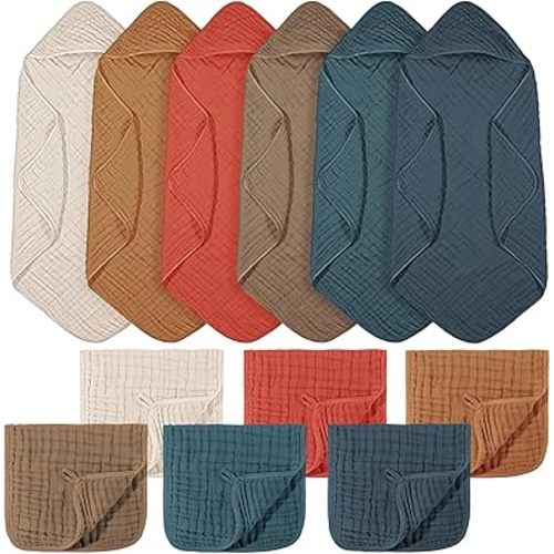 VitalCozy 12 Pcs Baby Muslin Hooded Bath Towels and Washcloths Muslin Cotton Hooded Baby Towels Absorbent Blankets for Gift Newborn Infant Shower (32 x 32 Inch,Colorful)