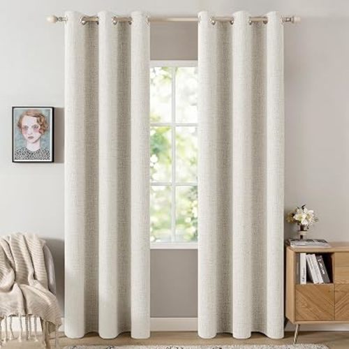 MIULEE 100% Blackout Linen Curtains for Bedroom 42x84 Inches Linen Beige