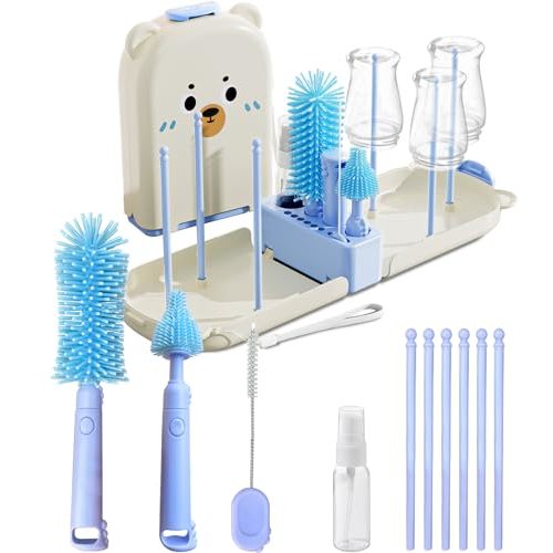 Blue Travel Bottle Cleaner Kit with Drying Rack – 6-in-1 Baby Bottle Washer & Silicone Brush Set for Pump Parts, Nipples & Straws – Portable Baby Travel Essential in Compact Case