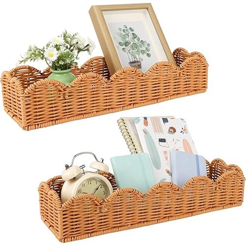 2 Set Nursery Book Shelves Scalloped Plastic Artificial Rattan Classroom Wall Shelf 15.8 Inch Wall Mounted Floating Bookshelve, Hanging Boho Wicker Woven Shelf for Bedroom Farmhouse Decor (2, Brown)
