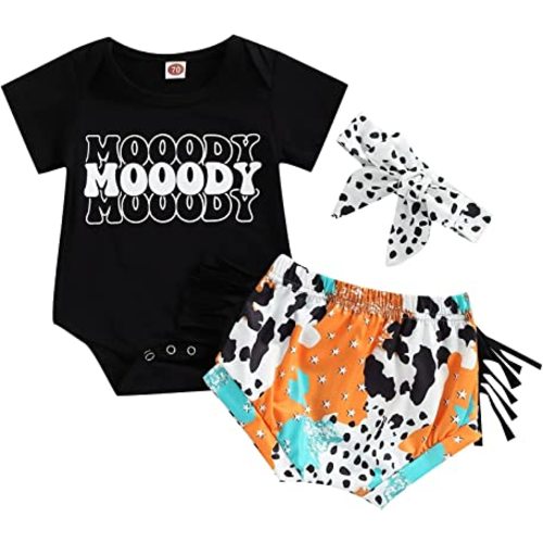 Muasaaluxi Newborn Baby Girl Outfits Short Sleeve Mooody Romper Tassel Cow Print Shorts Headband 3Pcs Casual Clothes Set