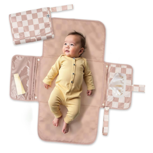Tiny Twinkle Portable Diaper Changing Pad-Foldable Waterproof Changing Mat&Portable Changing Pad for Travel,Baby Changing Station with Smart Wipes Pocket&Storage (Beige Checkers)
